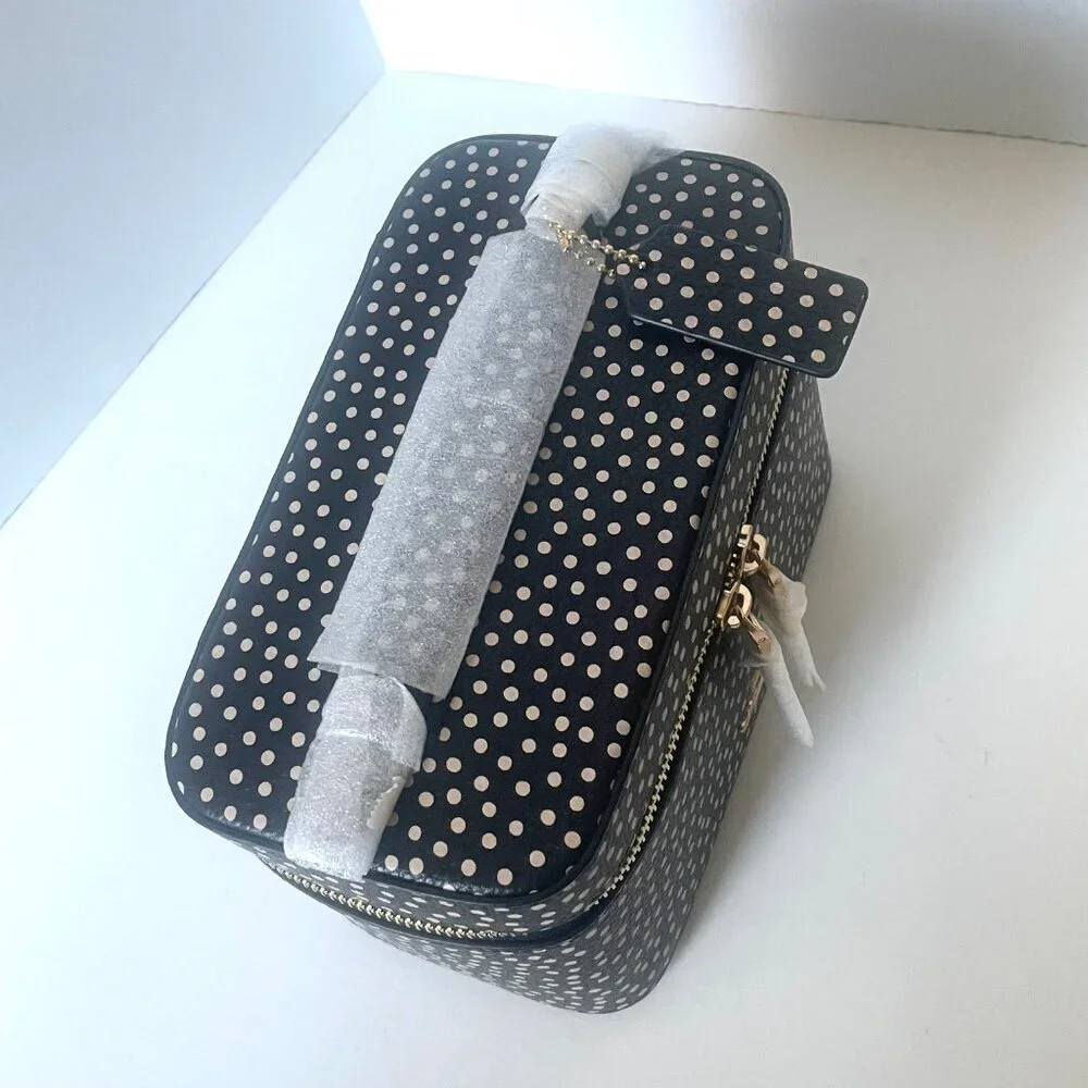 Coach Cosmetic Case CCF44 Black Leather Polka Dot Large Zip Pouch